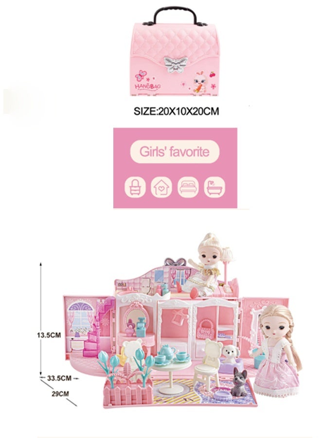 بيوينتي 2 طوابق حقيبة هائلة Dollhouse لعب مجموعة مع غرفتين ، 1 حقيبة لتجميع غرفة النوم والأثاث والحديقة والحيوانات الأليفة DIY تظاهر لعب بيت الدمية للبنات. - Image 4